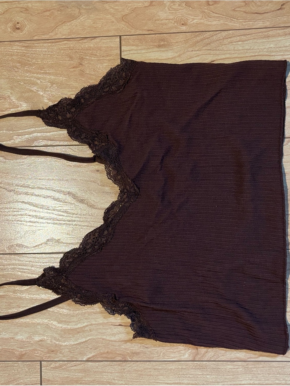 Lace Trim Ribbed Cami Tank - Deep Brown
